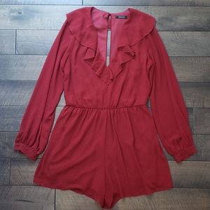 Papaya V Neck Open Back Long Sleeve Red Romper, L